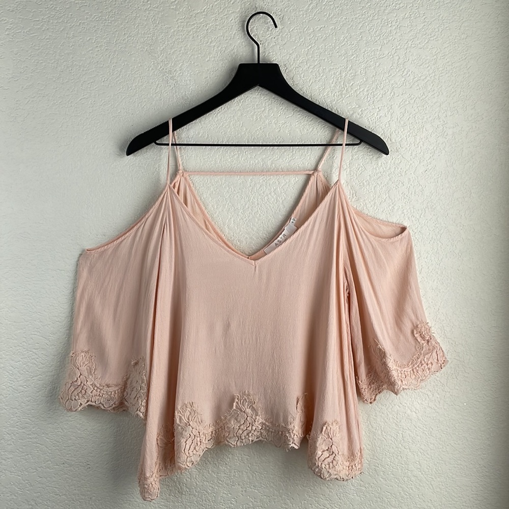 Cold-Shoulder Lace Trim V-Neck Top - Blush Pink